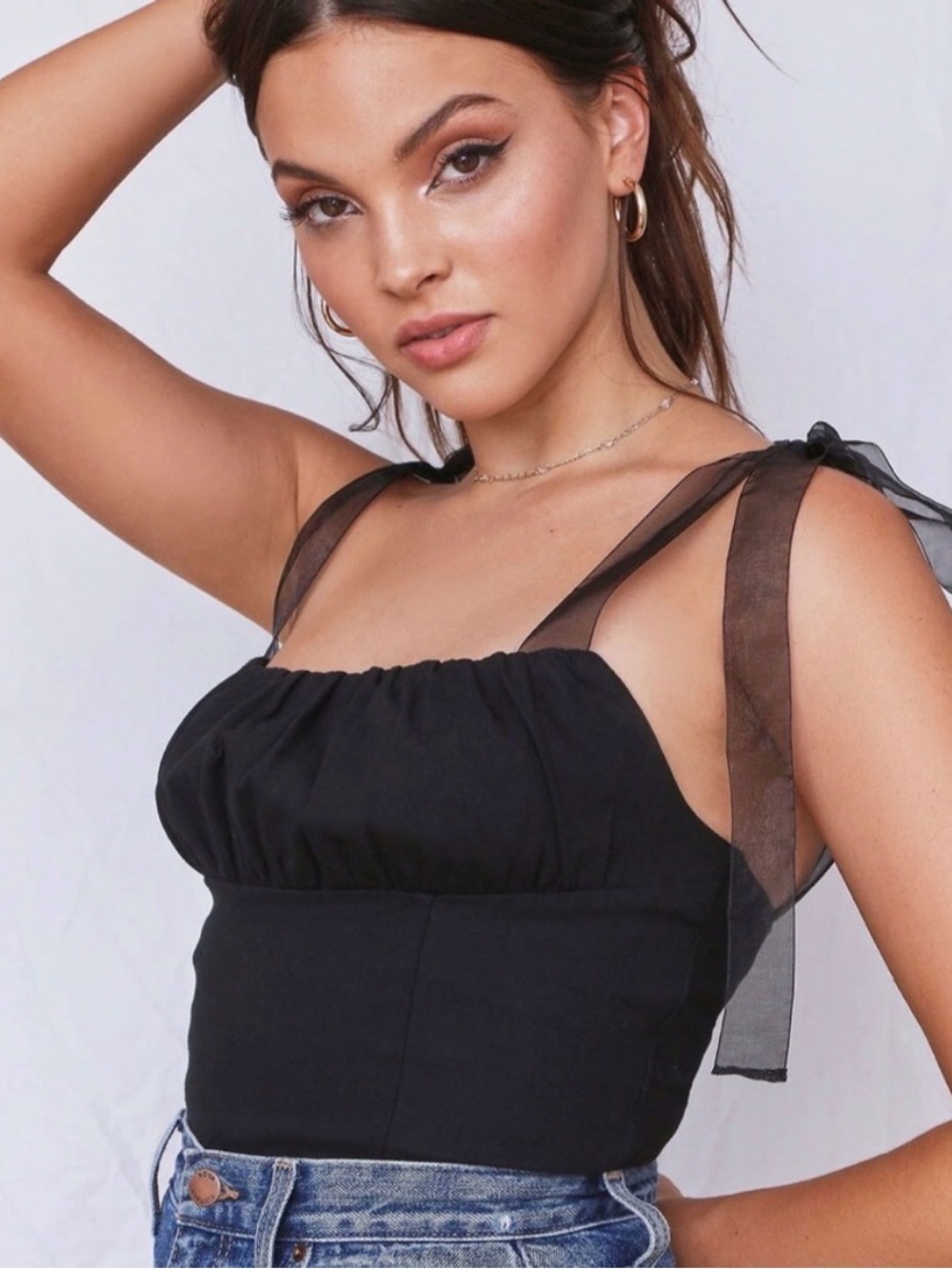 Y2K Black Tie-Strap Cropped tank Top with ribbons - Women